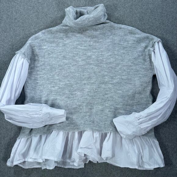 LaBiz Turtleneck Layered Sweater Women's Medium Gray Wool Blend Ruffle Top - Picture 9 of 9